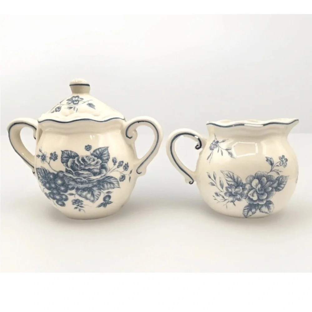 Maxcera Blue Toile Easter Bunny Creamer & Sugar Bowl w/Lid NEW Spring - Picture 2 of 7